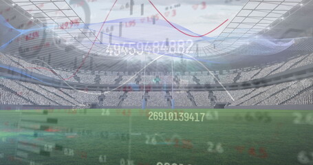 Image of multiple graphs, changing numbers, stock market data over empty soccer stadium