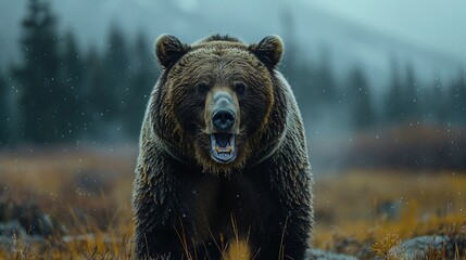 Brown bear growling in the wild.