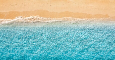 Summer seascape beautiful waves, blue sea water in sunny day. Top view from drone. Sea aerial surf, amazing tropical nature background. Mediterranean bright sea bay, waves splashing beach sandy coast
