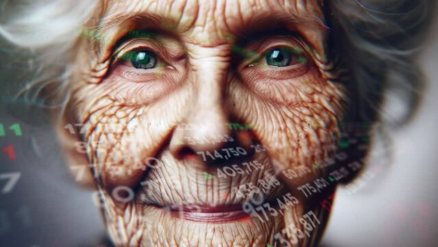 Elderly people and cryptocurrency - Cryptocurrency chart with the face of an elderly woman in the background