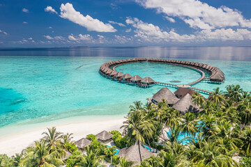 Perfect Maldives paradise scene. Tropical aerial landscape, seascape, luxury water villas. Amazing...