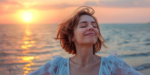 Serene woman with eyes closed, smiling, arms open, enjoying sunset by the sea. Concept Outdoor Photoshoot, Serene Expression, Sunset by the Sea, Smiling Woman, Eyes Closed