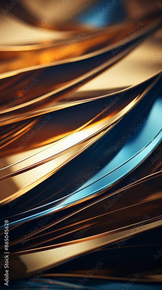 Poster the image is a close up of a gold and blue ribbon with a shiny, metallic look. the ribbon is long an