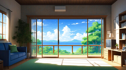 Obraz premium Living room: An anime room with ocean view from window.