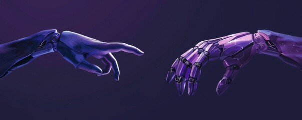 Futuristic robotic hands reaching out to each other in a technological connection