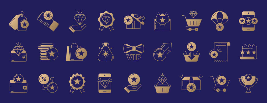 Exclusive benefits icon. Loyalty program offer line icons set with bonus card, vip member, discount voucher. Golden linear gift box, sale coupon, reward, shopping bag, star coins in wallet or basket.