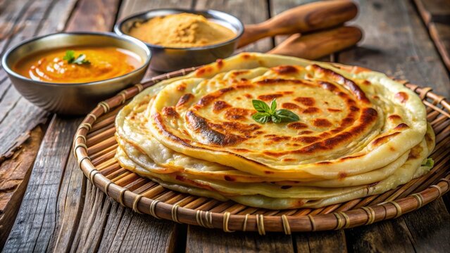 Golden Indian roti prata served with sweet condensed milk drizzle and spicy curry sauce on a rustic wooden table.