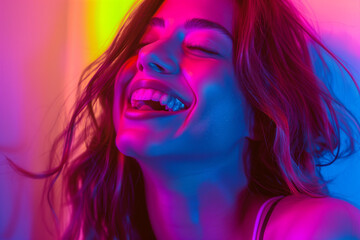 woman laughing , in the style of photo-realistic compositions, neon pop, close up, warmcore, emotive faces, photo-realistic hyperbole, in the style of magenta, contemporary candy-coated, high gloss, v