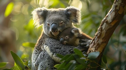 Fototapeta premium Mother koala with baby on a tree.