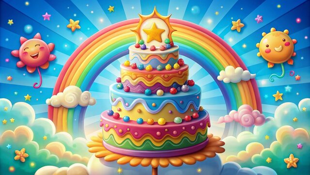 Vibrant whimsical illustration of a three-tiered birthday cake adorned with rainbows, fluffy clouds, sun, stars, colorful frosting, and sprinkles.