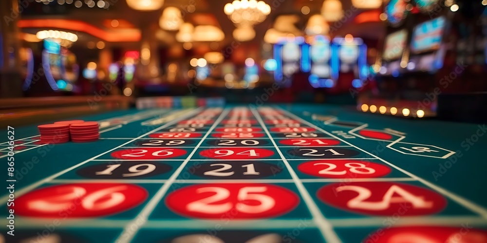 Fototapete A detailed view of a casino roulette table, showcasing the numbered layout and betting options. The image highlights the classic design of the table used in gambling and casino games