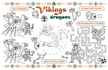 Festive placemat for children. Printable activity sheet "Vikings and dragons" with a labyrinth, connect the dots and find differences. 17x11 inch printable vector file
