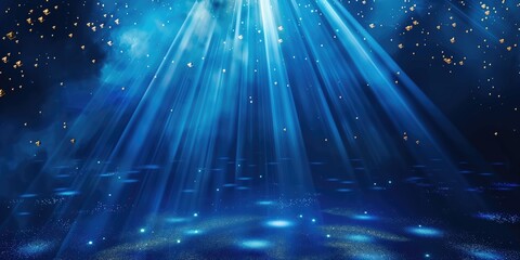 Dark blue neon projector lights dance floor or party advertising campaign copysapce showcase display background. AI powered generative image.