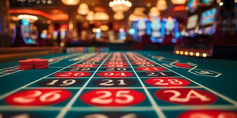 A detailed view of a casino roulette table, showcasing the numbered layout and betting options. The image highlights the classic design of the table used in gambling and casino games