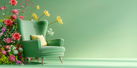 green armchair with colorful flowers on pastel green