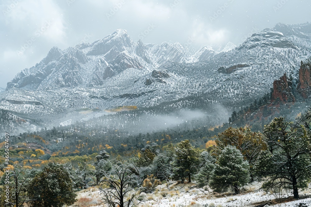 Poster snow blankets a mountain range with trees in the foreground, creating a serene winter scene, a tranq