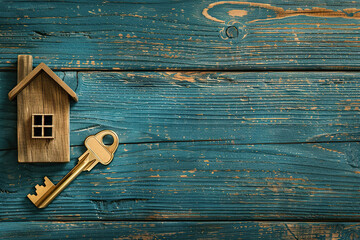 Wooden figurine of a house and a key on an old board. Generated by artificial intelligence