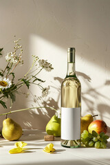 Set table with a bottle of white wine, fruits and flowers. Wine bottle mockup