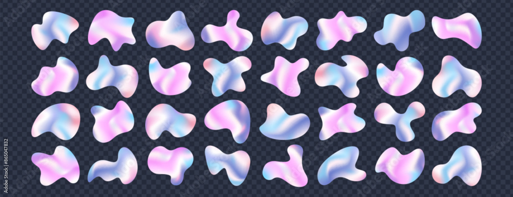 Poster holographic liquid metal blobs on dark transparent background. iridescent chrome drops or hologram i