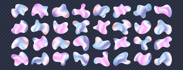 Holographic liquid metal blobs on dark transparent background. Iridescent chrome drops or hologram irregular freeform organic shapes. Metallic gradient deform stains, fluid abstract forms or blotches.