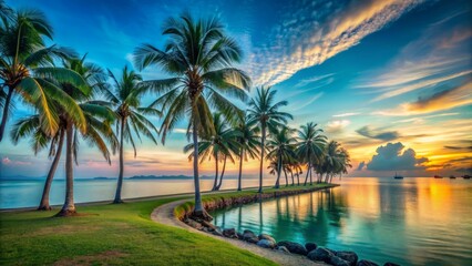 Naklejka premium Serene dawn scene of turquoise sea meets sky at horizon, with swaying coconut trees lining East Coast Park's tranquil shoreline.