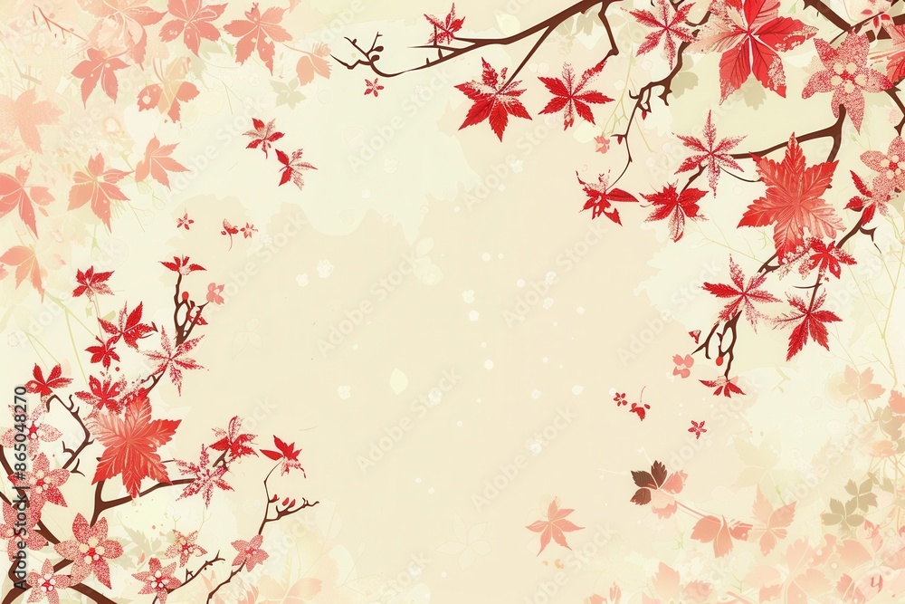 Poster a digital illustration of red maple leaves on a branch against a light beige background, with a few 