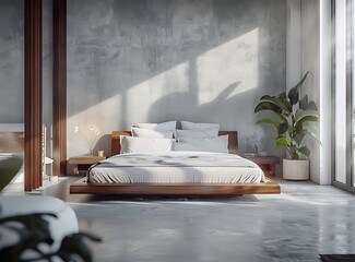 modern bedroom interior with a wooden bed and white linens, concrete floor, window with natural light, decorative wall panels, side table, gray fabric cushions