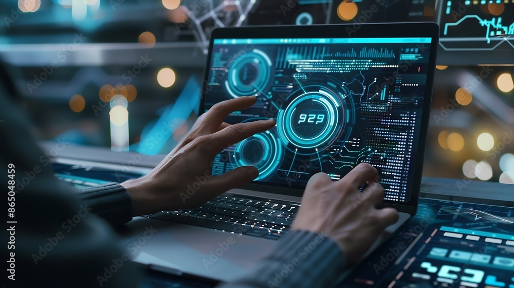 Leinwandbilder Digital technology concept Man programmer working on laptop for big data management computer code on futuristic virtual interface screen data mining digital software development data s : Generative AI