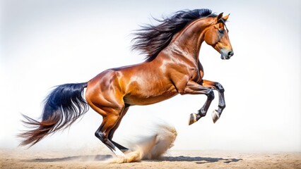 Naklejka premium Majestic bay stallion rears up on hind legs, muscles tensed, mane and tail flowing, against a pristine white background.