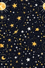 Celestial Seamless Pattern with Stars and Moons on White Background