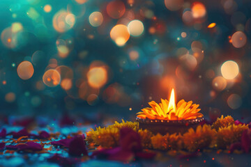 Traditional oil lamp with marigold flower for diwali festival