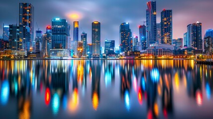 Obraz premium vibrant city skyline at night, with illuminated skyscrapers reflecting in a tranquil river below.