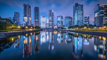 Fototapeta premium vibrant city skyline at night, with illuminated skyscrapers reflecting in a tranquil river below.
