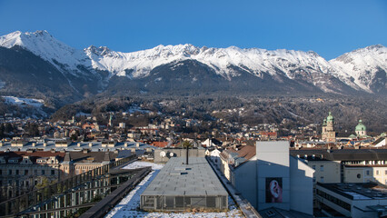 Panorama view of Innsbruck with mountain range (Nordkette). Austrian alpine City.