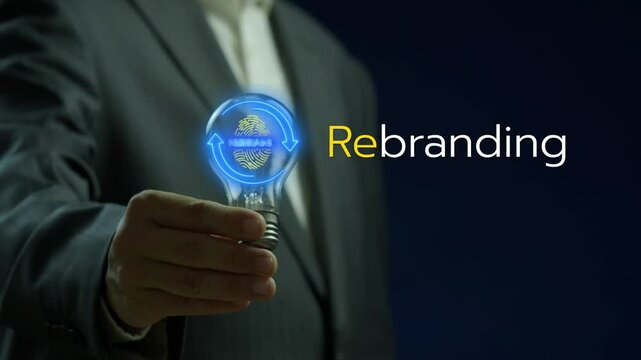 Rebranding strategy concept. Marketing and brand management. Rethinks marketing strategy and refreshing the look and feel of brand like fingerprint is unique. Glowing neon line of rebranding icon.