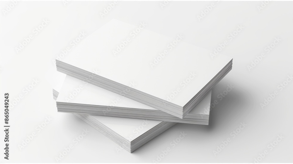 Poster business cards stacked on plain white background with empty space for copying