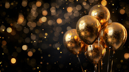 Balloons are floating in the air with gold lights in the background 