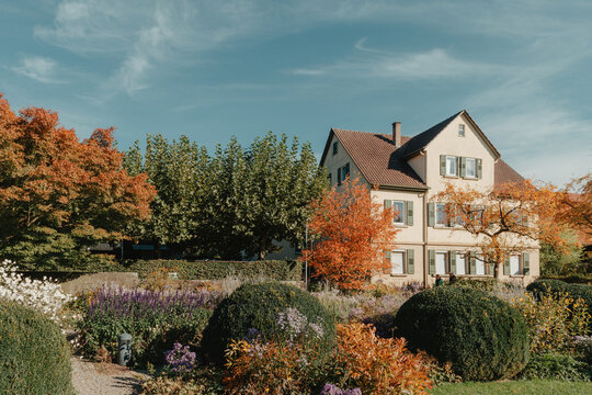 House with nice garden in fall. Flowers in the City Park of Bietigheim-Bissingen, Baden-Wuerttemberg, Germany, Europe. Autumn Park and house, nobody, bush and grenery