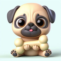 Obraz premium cute baby pug dog holding bone cartoon,3d Generative AI
