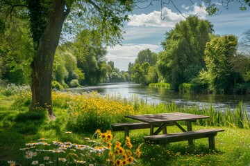 Naklejka premium A picnic table sits next to a flowing river, surrounded by natures lush greenery, A tranquil riverside picnic spot, shaded by leafy trees and surrounded by wildflowers