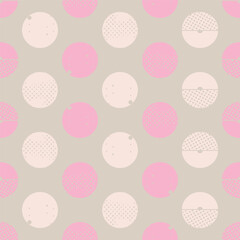 Seamless square pattern with different textured circles. Vector shapes. Background, illustration, design, print