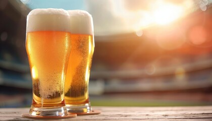 Two glasses of beer with frothy heads on a wooden table, with a stadium and a beautiful sunset in the background.