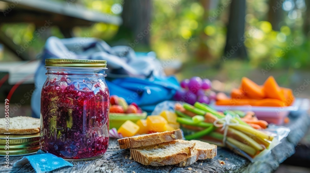 Poster a jar of homemade jam is open awaiting to be spread on slices of dense nutty bread while a container