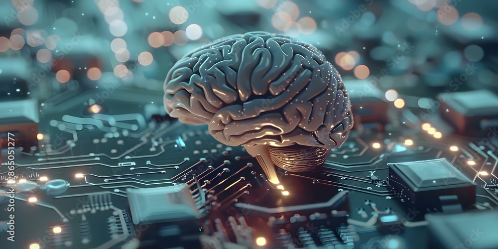 Poster illustration of human brain powering neural network circuit for ai stock image. concept artificial i