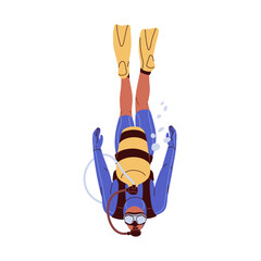 Fototapeta premium Scuba diver in suit, fins, underwater mask, swimming deep undersea. Person immersion with oxygen tank and goggles. Sea diving. Extreme sport. Flat vector illustration isolated on white background
