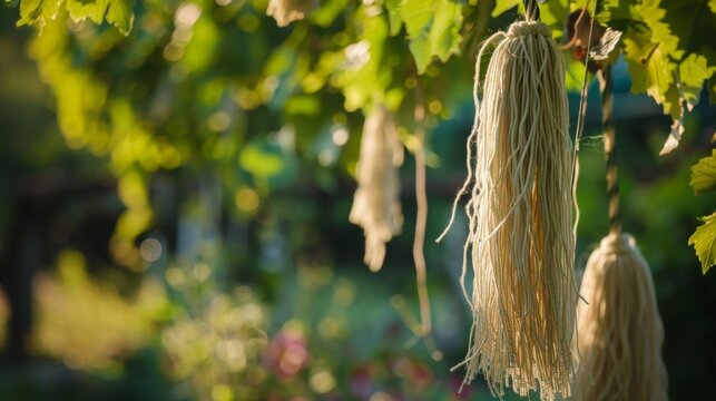 Tassels and threads of varying lengths creating a mesmerizing display as they spin in the midst of the gvines.