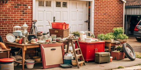 Yard sale setup with various household items