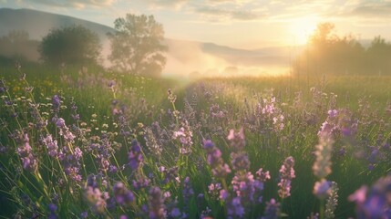 A field of lavender blossoms bathed in the warm glow of the rising sun, with misty hills in the background. Generative AI