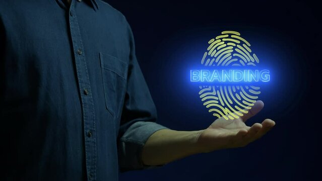 Branding strategy concept. Marketing and brand management. Marketing strategy and thinking the look and feel of brand like person's fingerprint is unique. Glowing neon line of branding icon.