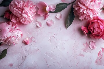 Cover for invitation in minimalistic style with romantic shades of pink against a background of peony roses. Design for greeting card, invitation, poster, print.